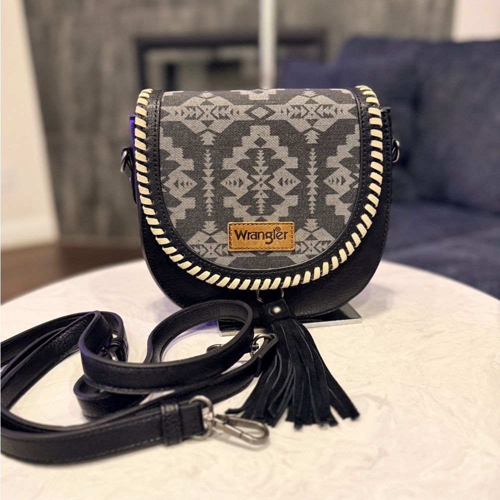 Wrangler Black & Gray Southwestern Crossbody Bag with Tassel